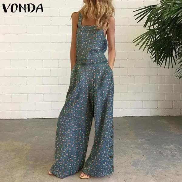 VONDA Plus Size Женщины Летняя мода Хлопок Без рукавов Широкие ноги Длинные комбинезоны Ромперы Повседневный цветочный принт Нагрудник Брюки Подтяжки Макси Комбинезон