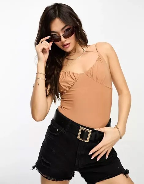 Светло-коричневое боди с присборенными чашками ASOS