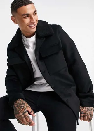 Черная полушерстяная куртка с контрастным воротником «борг» ASOS DESIGN-Черный цвет