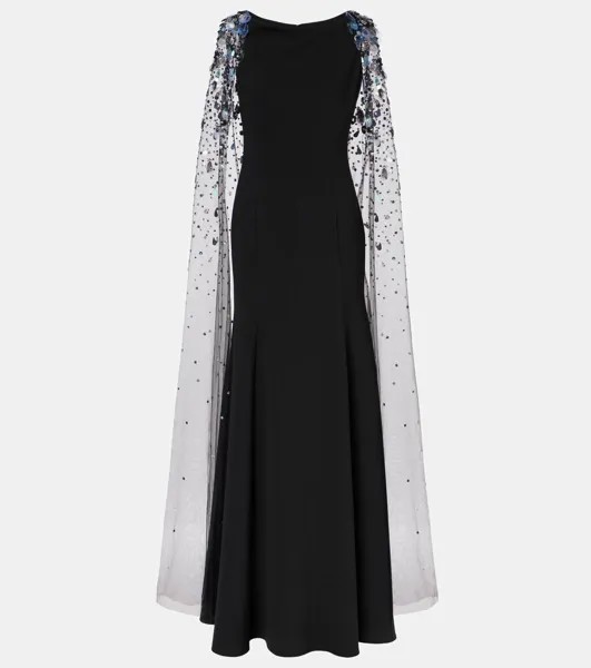 Платье из крепа с накидкой, расшитое бисером Jenny Packham, цвет liquorice