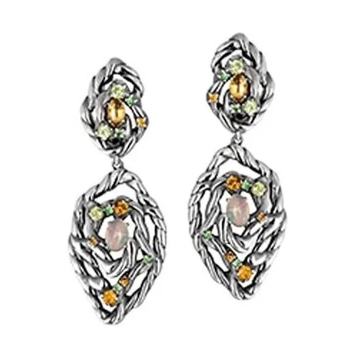 Серьги Algenda, серебро, 925 проба, хризолит, цитрин, цаворит, опал