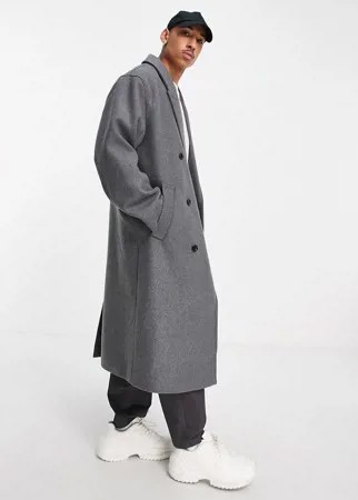 Серое длинное пальто в стиле oversized из материала с добавлением шерсти ASOS DESIGN-Серый