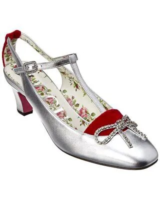 Женские кожаные туфли-лодочки Gucci Anita с Т-образным ремешком серебристого цвета 37,5