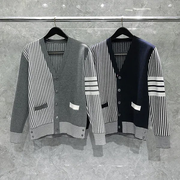 Мужской кардиган в полоску TB THOM, свитер, высококачественное пальто в стиле преппи, роскошный брендовый дизайн, корейские модные свитера с карманами