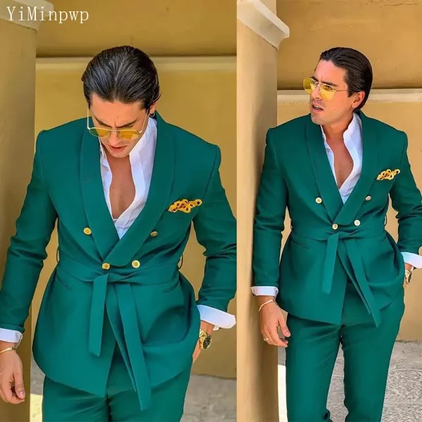 Новый дизайн, зеленые костюмы для мужчин, комплект из 2 предметов, двубортный пиджак с поясом, костюм для свадебной вечеринки, костюмы для мужчин, пиджак + брюки