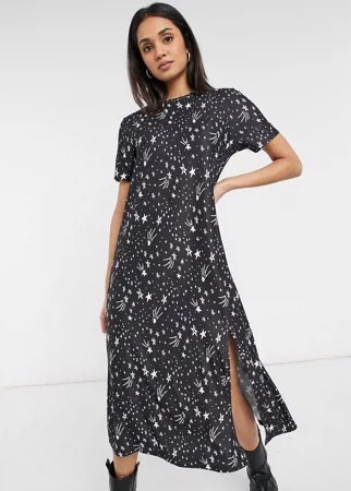 Черное oversized платье-футболка миди с космическим принтом Urban Threads-Черный цвет
