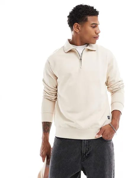 Jack & Jones — толстовка на молнии с воротником-поло цвета экрю