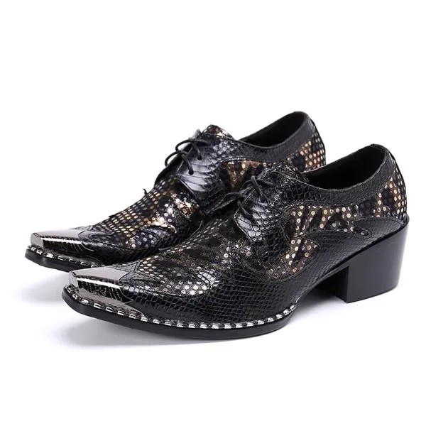 Со шнуровкой Мужская блестящая обувь с металлическим носком мужские итальянские ботинки на высоком каблуке; Туфли-оксфорды; Обувь из натуральной кожи платье В лоскутном стиле вечерние туфли
