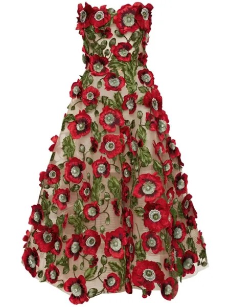 Oscar de la Renta платье миди с вышивкой Poppy, красный