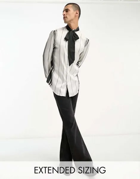 Атласная рубашка с завязками на воротнике и рукавами-блузонами ASOS DESIGN в разнообразную полоску
