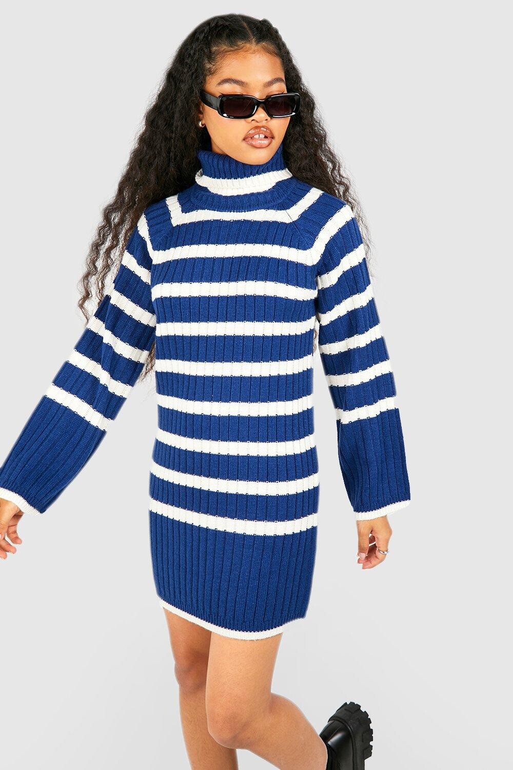 Платье-джемпер в полоску Petite с высоким воротником и широкими рукавами boohoo, темно-синий