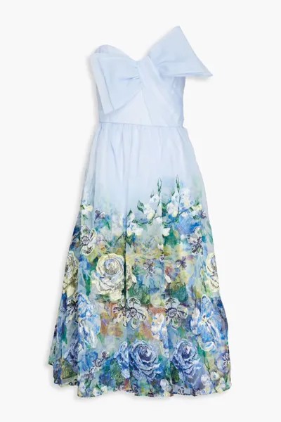 Платье миди из органзы без бретелек с бантом и цветочным принтом Marchesa Notte, светло-синий