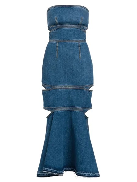 Джинсовое платье макси без бретелек с вырезами Alexander McQueen, синий