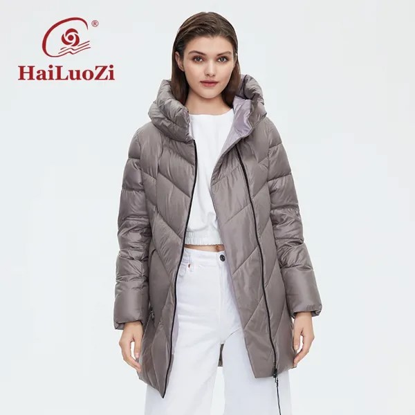 HaiLuoZi Новинка 2022, женское короткое пальто с высоким воротником, зимняя куртка с капюшоном, модная женская парка с Диагональной молнией, Класс...