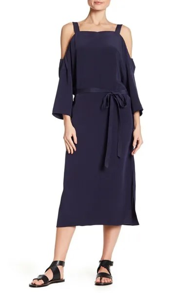 TIBI Midnight Темно-синее шелковое платье миди с вырезом и открытыми плечами, регулируемый завязочный ремень XS
