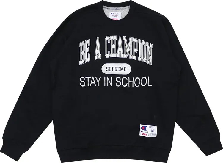 Толстовка Supreme x Champion Stay In School Crewneck 'Black', черный