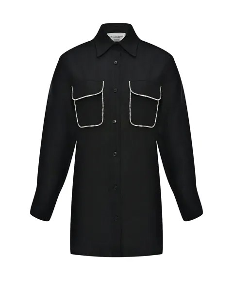 Льняная рубашка с карманами и аппликацией кристаллами, черная Forte dei Marmi Couture