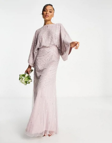 Платье макси приглушенного розово-лилового цвета с очень большими рукавами Frock and Frill Bridesmaid-Фиолетовый цвет