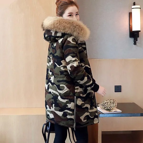 Зимняя куртка KMETRAM, женская утепленная парка с меховым воротником, Женская камуфляжная Корейская куртка, длинное пальто, женская верхняя од...