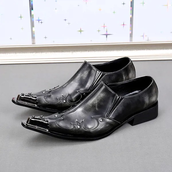 Мужские кожаные туфли на низком каблуке, серебристые классические туфли со стальным носком