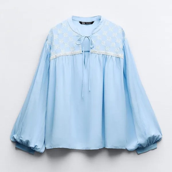 Блузка Zara Embroidered, голубой