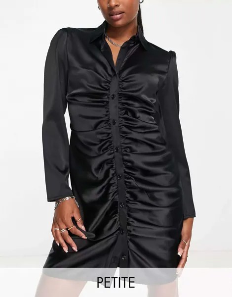 Черное атласное облегающее платье-рубашка мини со сборками и воланами London Petite Flounce London
