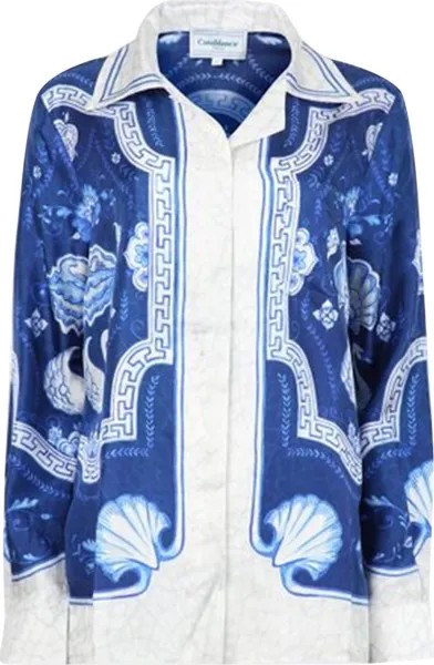Рубашка Casablanca Plat A Dessert Bleu Cuban Collar Silk Shirt 'White/Blue', белый