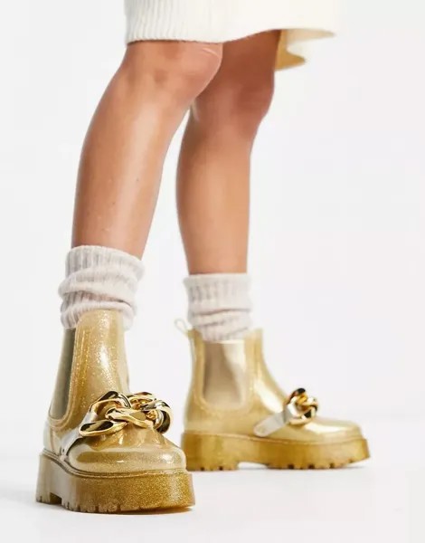 Блестящие золотистые сандалии ASOS Giselle с цепочкой и массивной подошвой