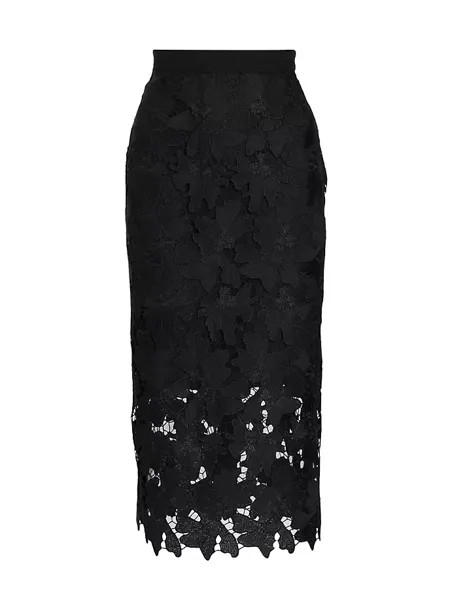 Вечерняя гипюровая кружевная юбка-миди с цветочным принтом St. John, черный