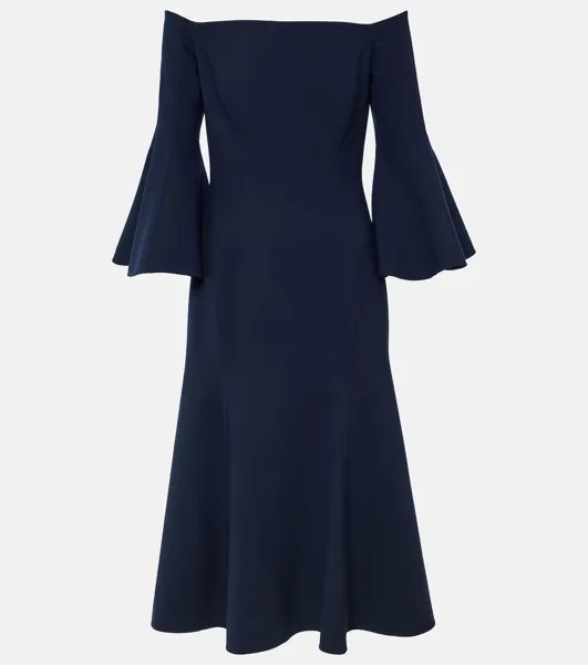 Платье миди из смесовой шерсти с открытыми плечами Oscar De La Renta, синий