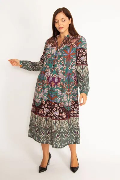 Женское платье большого размера со сборками и застежкой спереди на пуговицы спереди, 65n34612 Şans, разноцветный