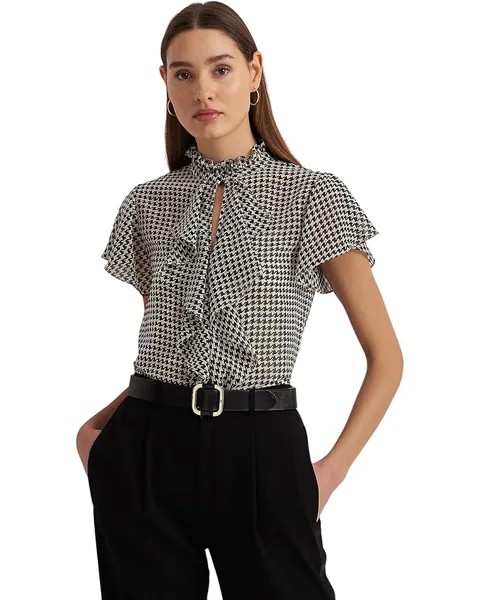 Блуза LAUREN Ralph Lauren Houndstooth Ruffle-Trim Chiffon, цвет Cream/Black