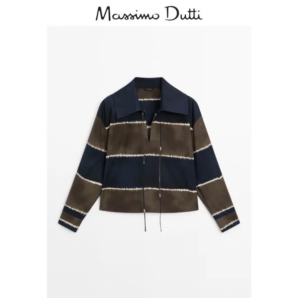 Летняя новинка Massimo Dutti 2024, женская французская повседневная короткая рубашка в полоску из хлопка с воротником-поло в пригородном стиле 05169818422, цвет морской синий