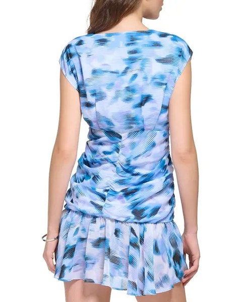 Платье DKNY Sleeveless Printed Chiffon Ruched Front Dress, цвет Frosting Blue/White Multi