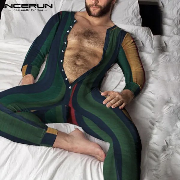 INCERUN S-XXXXXL Мужчины Полосатый длинный рукав Leotard Боди растяжения Fit Homewear пижамы комбинезоны