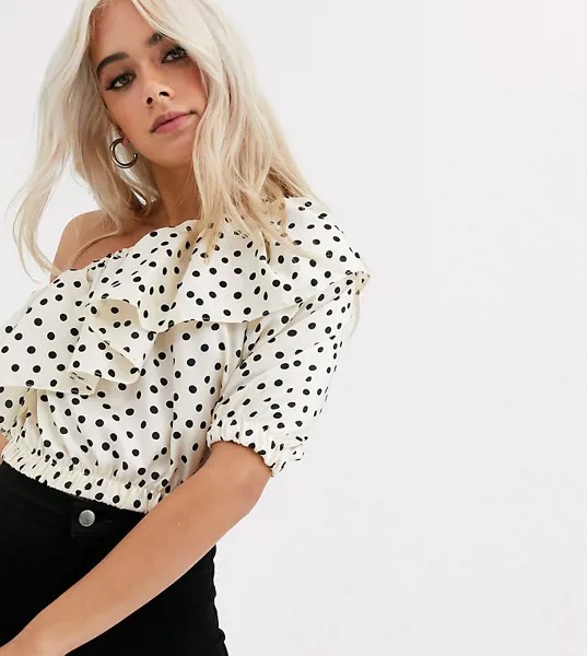 Кроп-топ на одно плечо в горошек с оборкой Topshop Petite-Белый