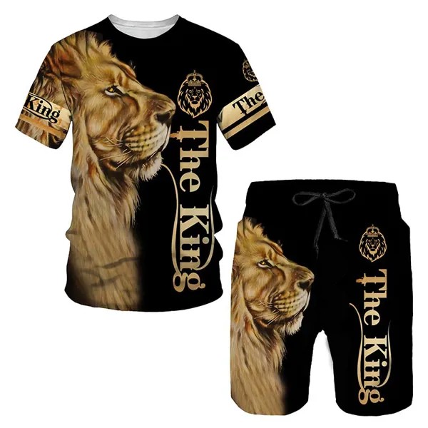 Мужчины женщины Летняя мода Cool Lion Графический печатный спортивный костюм Unisex Короткие рукава T Рубашка Шорты Установить Плюс Размер