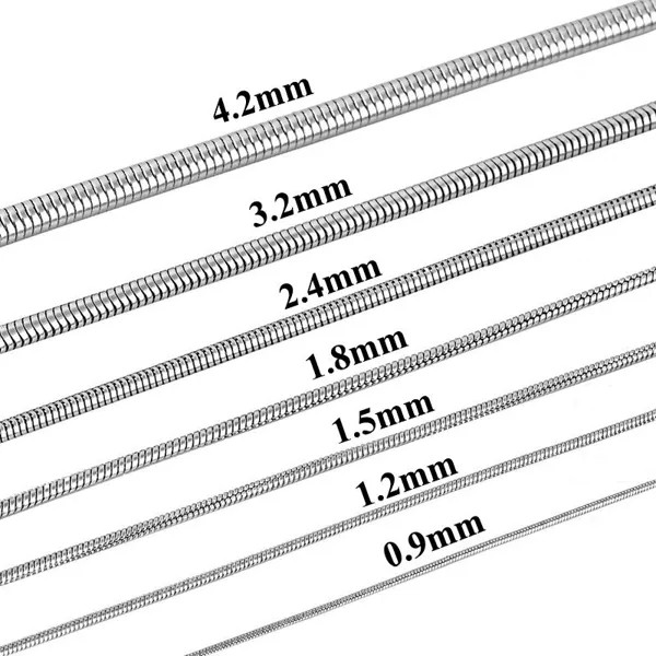 Нержавеющая сталь Круглая Змея Цепочка Серебряный Тон 16  -30  Мужчины Женщины Ожерелье 0.9/1.2/1.5/1.8/2.4/3.2/4.2 мм