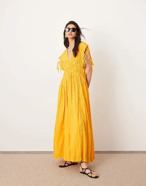 ASOS EDITION – Оранжевое платье макси с трапецией, отделкой крючком и кулиской