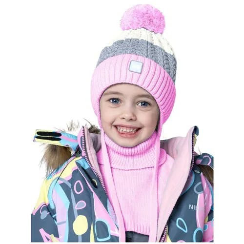 Комплект зимний шапка и манишка Nikastyle 12з7822 розовый/серый, размер 48-52