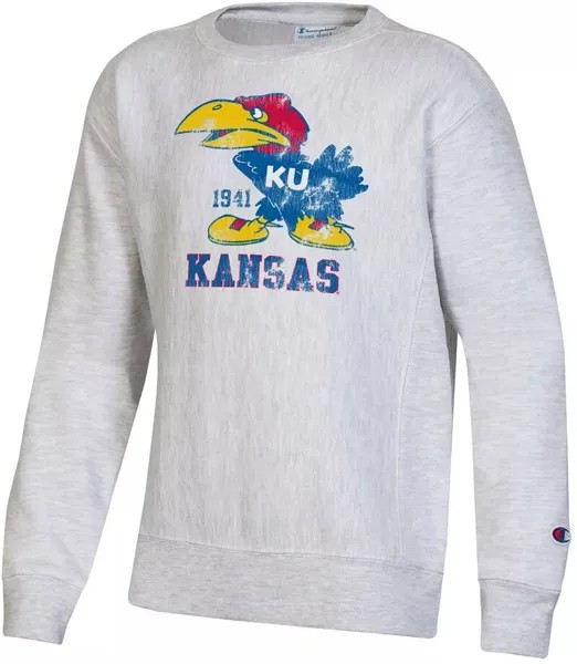 Серый пуловер с круглым вырезом Champion Youth Kansas Jayhawks обратного переплетения