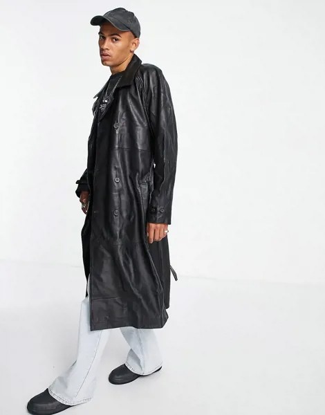 Длинный черный кожаный тренч ASOS DESIGN-Черный цвет