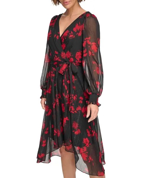 Платье DKNY Long Balloon Sleeve with Wrap Skirt, цвет Black/Scarlet