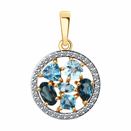 Подвеска Diamant online, красное золото, 585 проба, фианит, топаз, Лондон топаз, размер 2.2 см., голубой