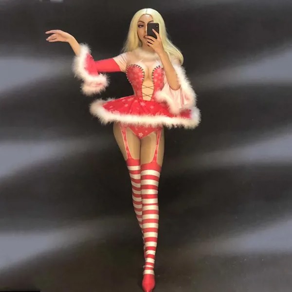 Рождественский стиль, женский сексуальный Блестящий Комбинезон, костюмы, белая пушистая короткая юбка, с большим рукавом, для ночного клуба, вечеринки, сценическая одежда, танцор, певец