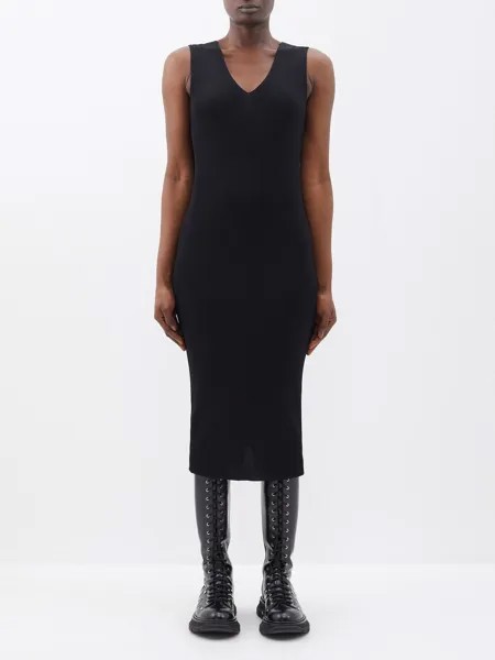 Платье миди из рубчатого джерси с v-образным вырезом Moncler, черный