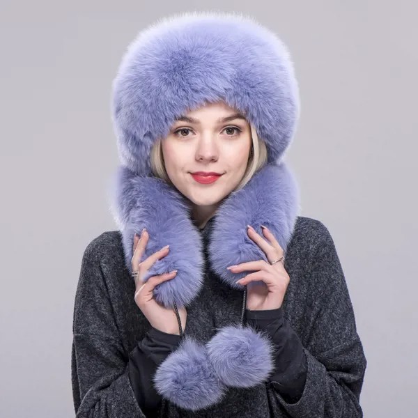 FXFURS шапки из натурального Лисьего меха верх из меха кролика рекс длинный шарф из лисьего меха с помпоном зимняя женская шапка шарф Русская Ш...