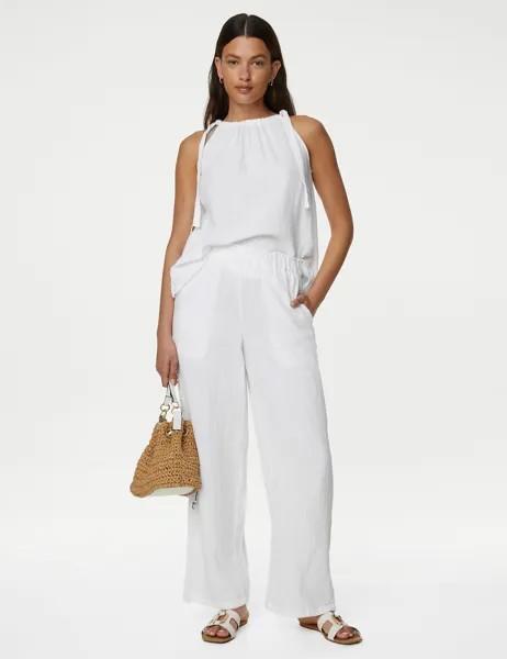 Широкие брюки из чистого хлопка Marks & Spencer, белый