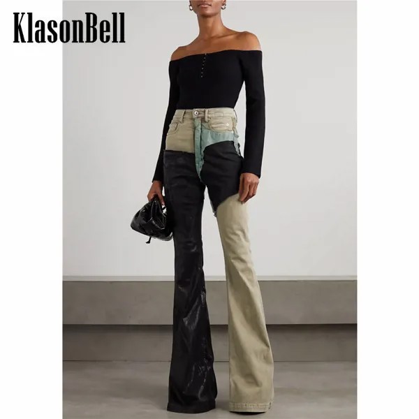 12,6 KlasonBell модные тяжелые Промышленные Лоскутные контрастные цветные расклешенные джинсы с высокой талией для женщин