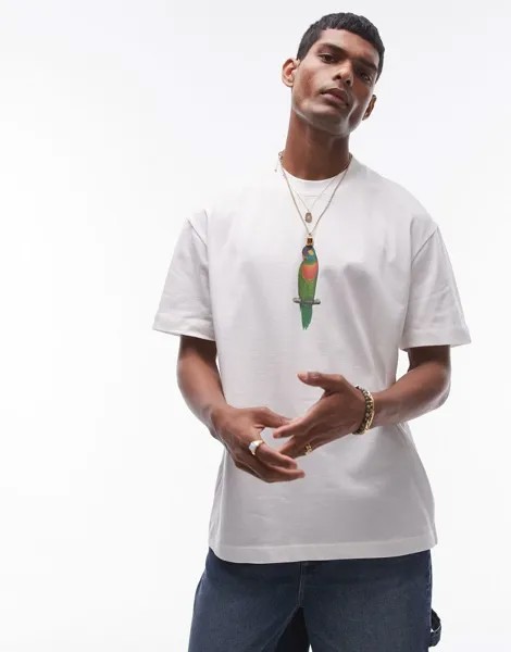 Topman — футболка оверсайз премиум-класса цвета экрю с принтом волнистого попугая